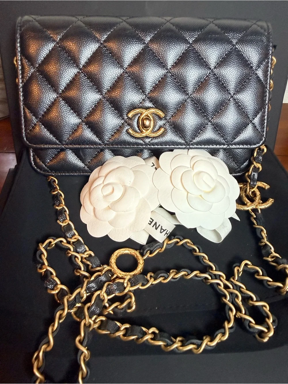 CHANEL Black Quilted Wallet with Gold CC Turn-Lock